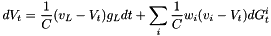 \[ dV_t = \frac{1}{C} (v_L - V_t) g_L dt + \sum_i \frac{1}{C} w_i (v_i - V_t) dG^i_t \]